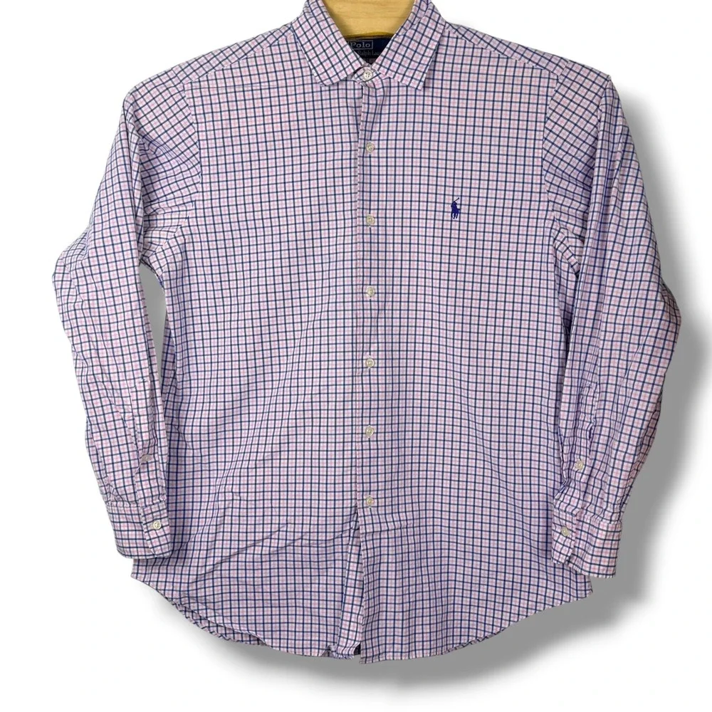 Polo Ralph Lauren Button Down Shirt Mens Large Pink Blue Checkered Cotton Preppy